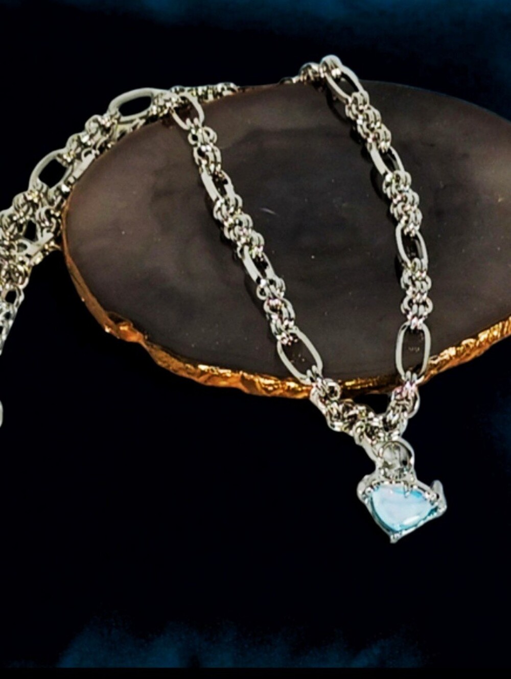 White Gold Blue Heart Pendant Necklace New Age Grunge Alternative Edgy Glacier